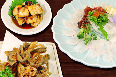 アナゴの刺身、蒲焼、唐揚